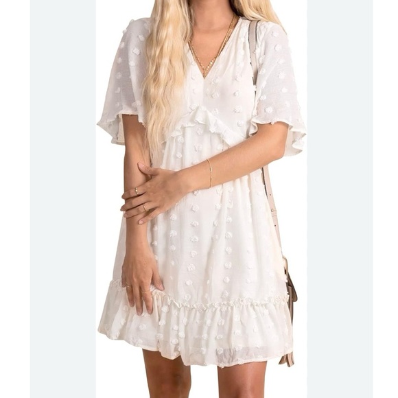 V Neck Summer Tunic Loose Chiffon Swiss Dot A-line Dress - Picture 1 of 8